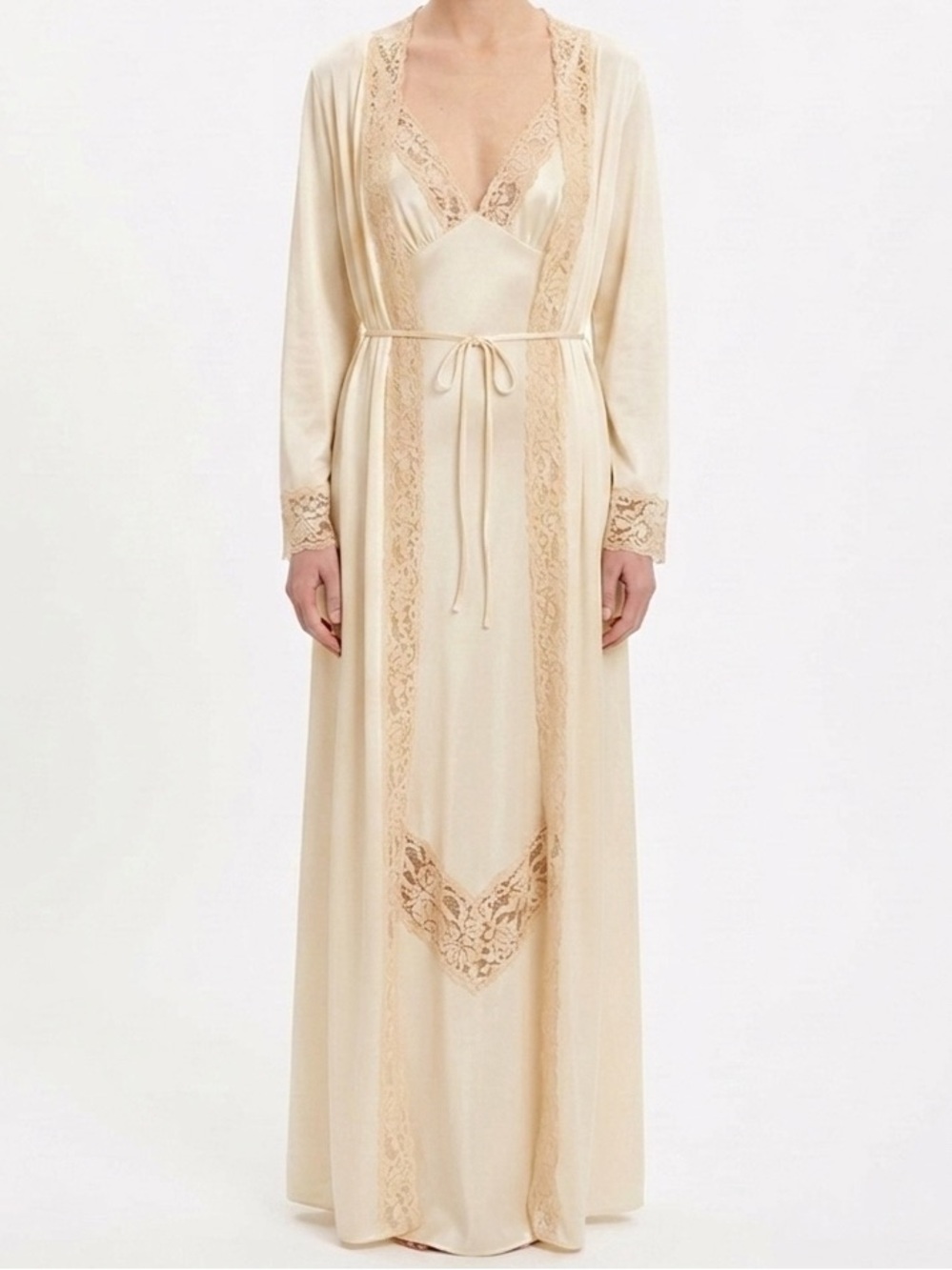 VTG René of France Peignoir Set Romantic Lace-Trim Long Robe with Gown Set S